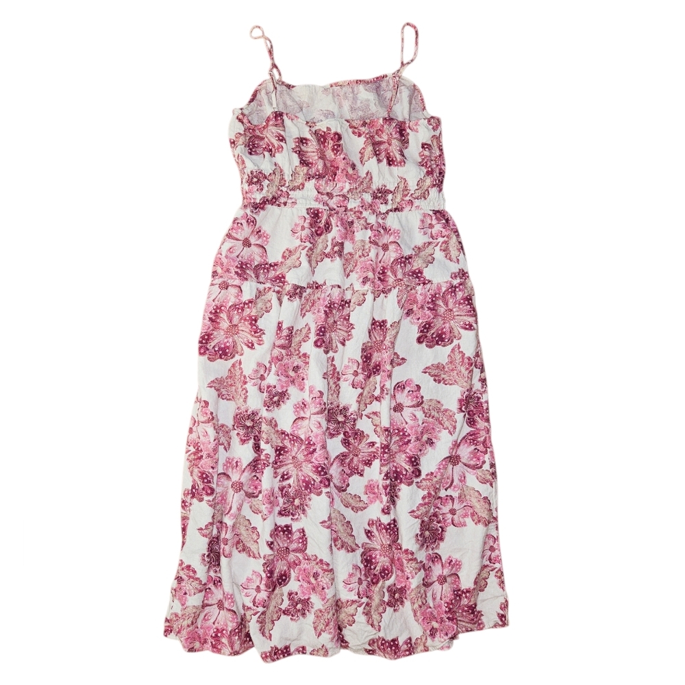 Linen Blend Floral White Pink Summer Dress Women's L - Picture 3 of 9